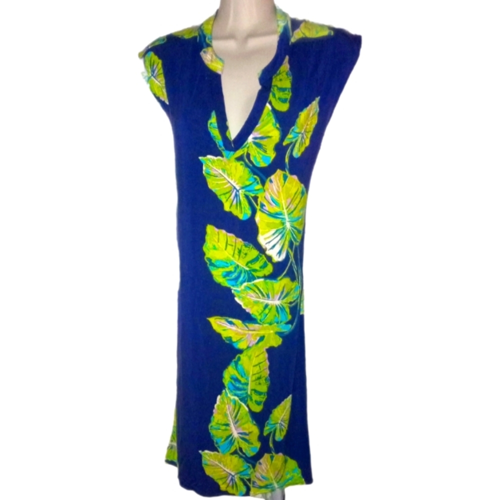 Tori Richards Honolulu dress Navy green leaf L